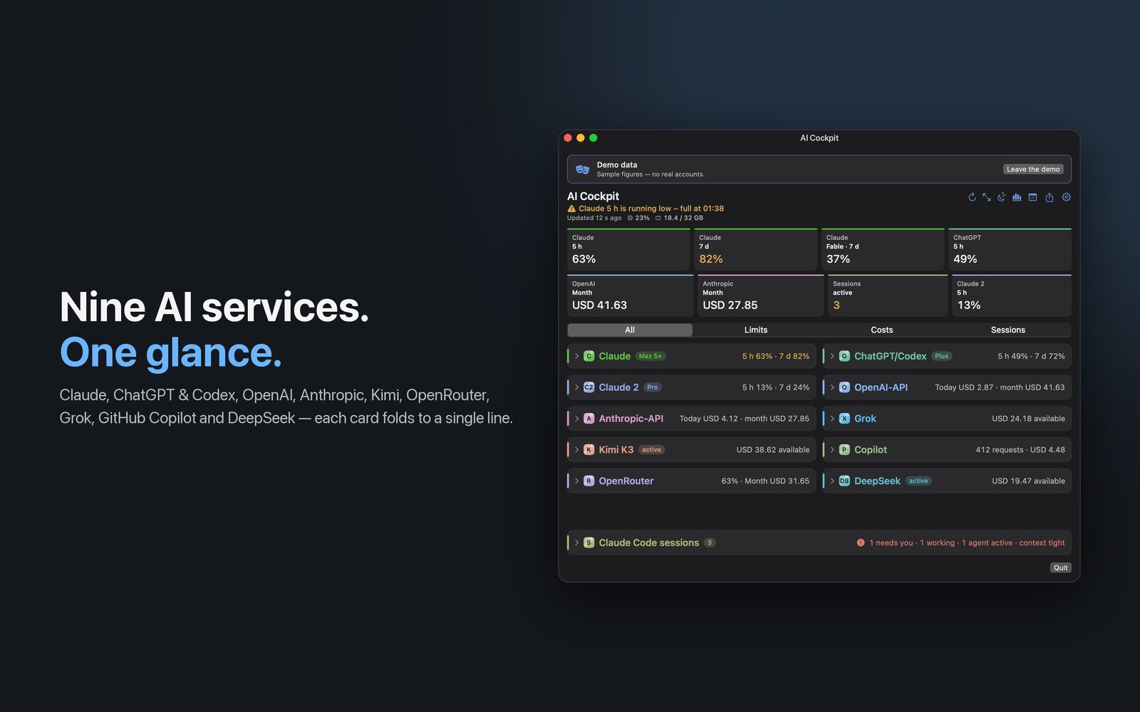 Mac app with all nine services on collapsed cards, DeepSeek among them