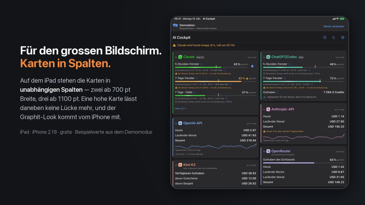 Die iPad-App im Demomodus mit den Karten in zwei unabhängigen Spalten: oben Claude und ChatGPT/Codex, darunter die API-Karten, neben der Schlagzeile «Gemacht für den grossen Bildschirm. Karten in Spalten.»