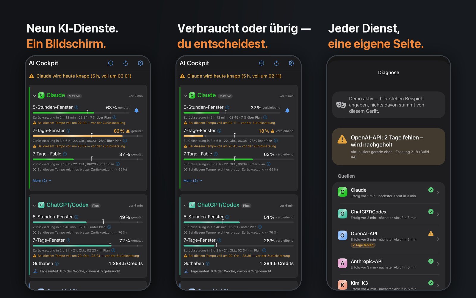 Drei iPhone-Bildschirme: alle neun Dienste, Kontingente als verbleibend und die neue Diagnoseseite