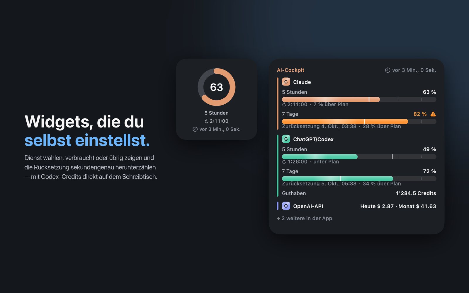 Ein kleines und ein grosses Schreibtisch-Widget am Mac mit Countdown, Zeitmarken und Codex-Guthaben