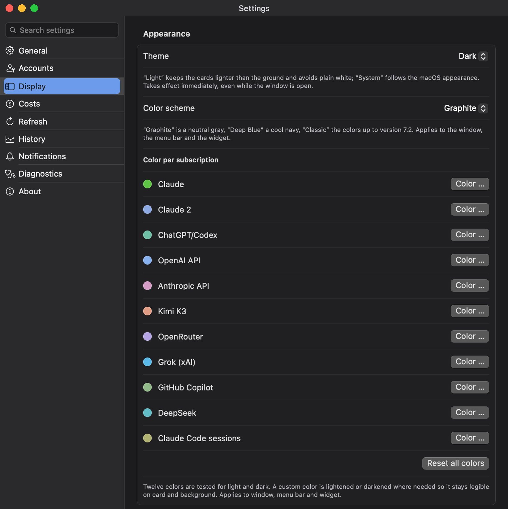 Display settings — theme, color scheme and a color for each subscription