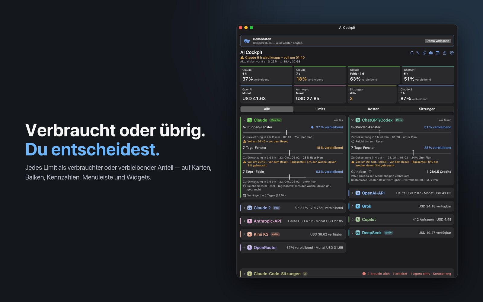 Mac-App, die jedes Kontingent als verbleibend zeigt, mit Zeitmarken in den Balken