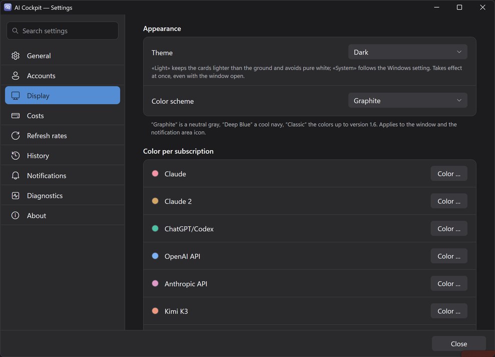 The Windows settings window on the Display page: theme, color scheme “Graphite” and a color for every subscription, with a search field and nine pages on the left